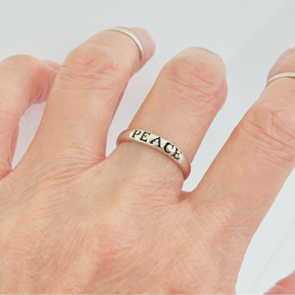 Sterling Silver PEACE Band Ring, Silver Rings, Stackable Wedding Bands